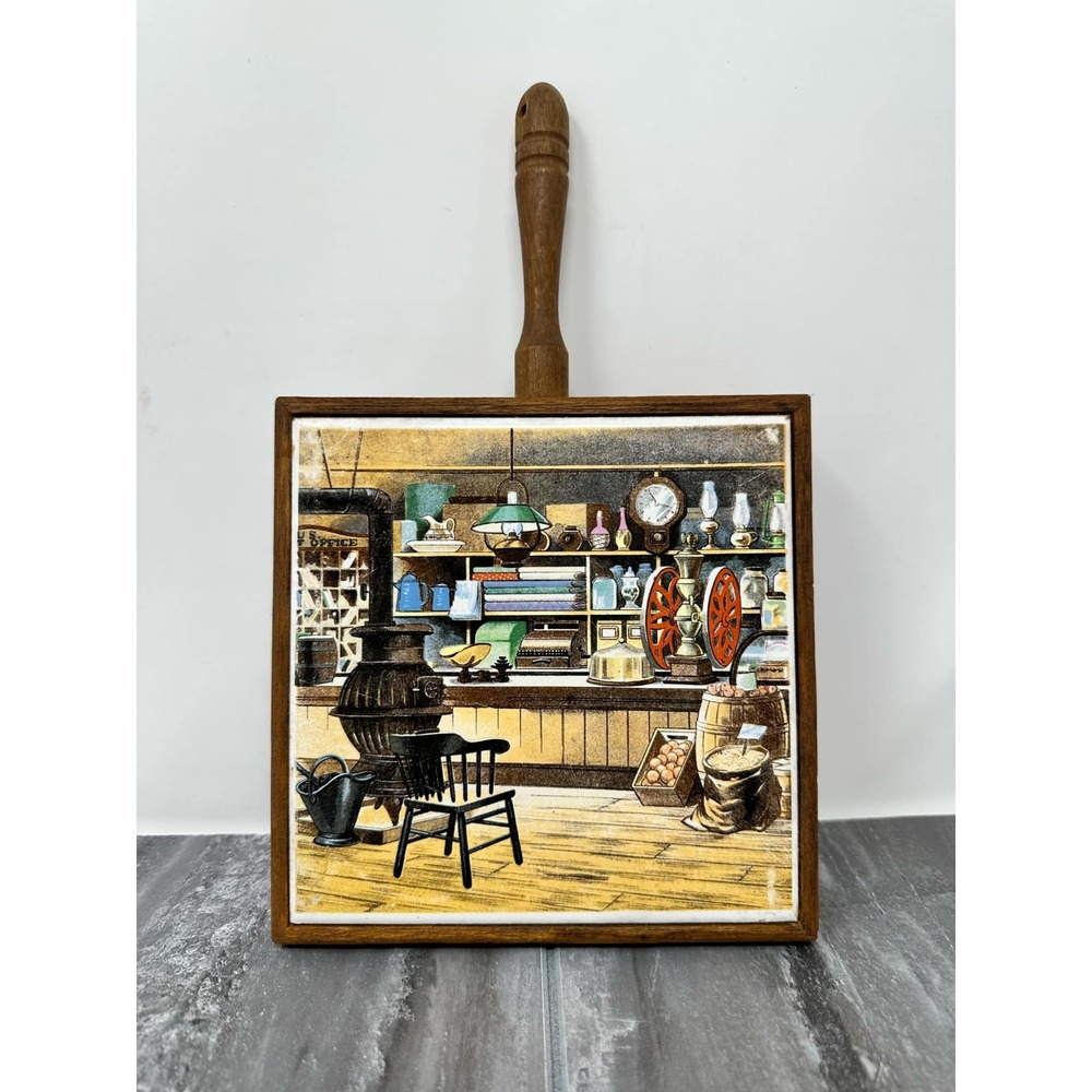 Enesco Ceramic Tile General Store Scene Fredrick‎ Elmiger 1960s Wood Hanger